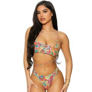 FORPLAY Cut Out One Piece Strappy‎ Swimsuit High Leg Thong Monokini Kaleidoscope